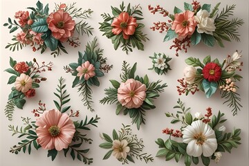 Elegant assortment of delicate floral arrangements on a white background