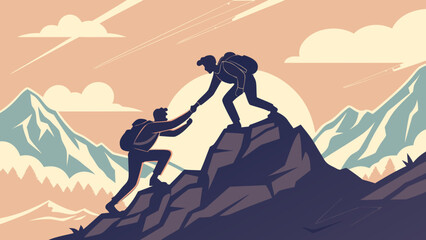 Mountain climbing teamwork adventure concept helping hand on peak success and support illustration vector