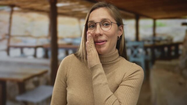 Blonde woman whispers with hand to mouth at terrace; secret gossip.