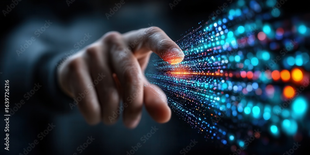 Aufkleber man's finger interacts with abstract digital data stream at night