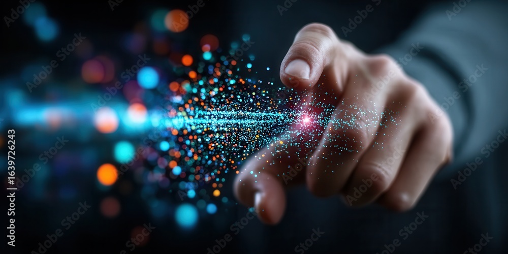 Poster man's finger interacting with colorful abstract digital particles
