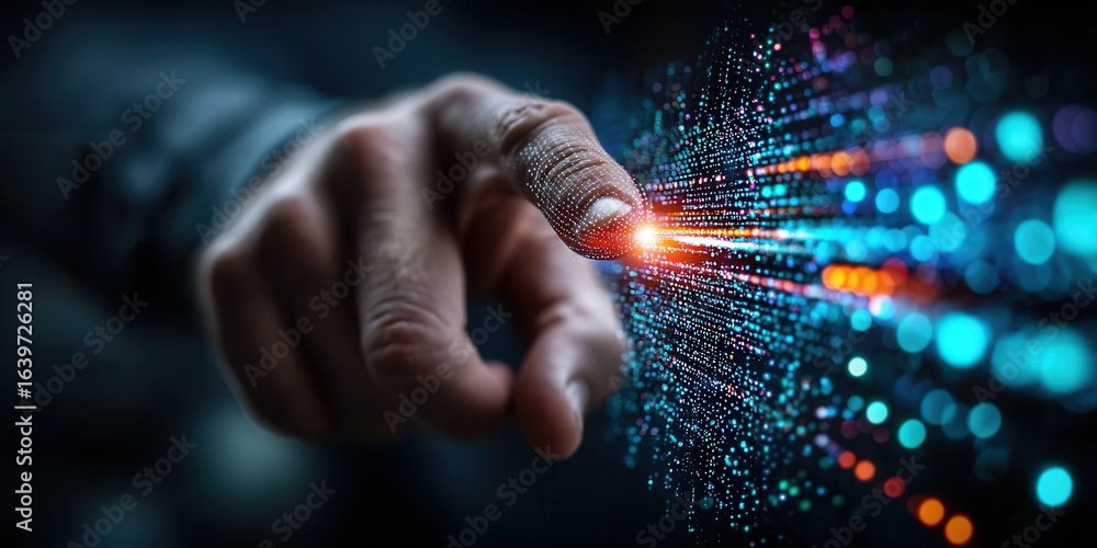 Poster finger touching data stream with abstract digital connection