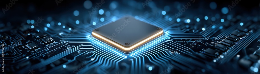 Poster modern semiconductor central processing unit with glowing circuit lines