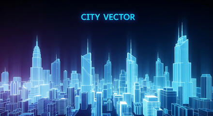 Futuristic city skyline rendered as a glowing blue digital wireframe. Abstract virtual reality metropolis vector illustration.