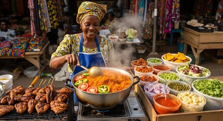 Woman cooking Jollof rice at an outdoor market stall with grilled chicken african woman food stall