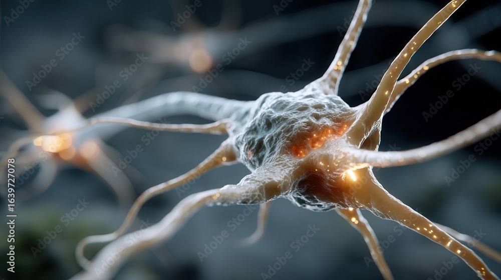 Poster close-up of neuron cells showing synaptic activity in brain