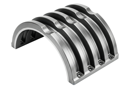 Semicircular brushed metal part with ribbed surface isolated on a transparent background