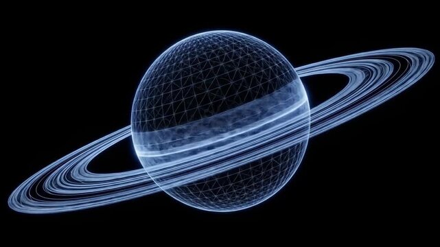 Futuristic Wireframe Planet with Rings - A digital video of a planet with prominent rings, depicted in a futuristic wireframe style.