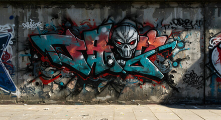Urban decay canvas displays intricate graffiti art with a metallic skull, bright color splashes, and weathered textures on a weathered concrete wall revealing street art's dynamic layers