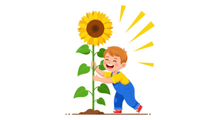 Delighted young boy proudly embraces a giant sunflower in vibrant illustration
