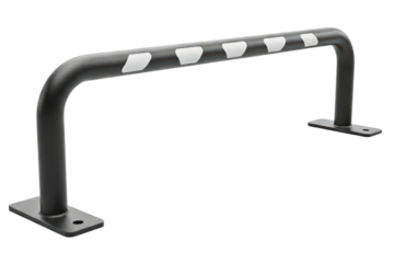 Black metal parking space guard with white reflective tape isolated on a transparent background