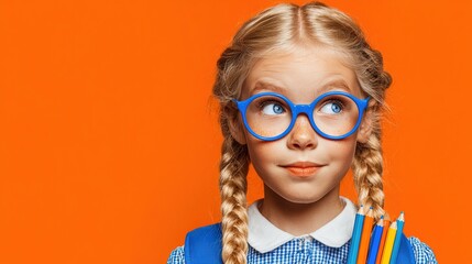 Young schoolgirl two pigtails blue glasses holding pencils mysteriously looking away orange background photography