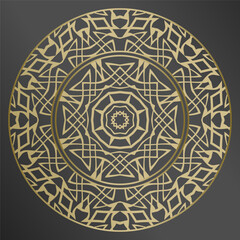 tray, a round geometric ornament in gold for tea or coffee porcelain plate,trays, dishes and souvenirs, can also be used as a background, invitation, greeting card