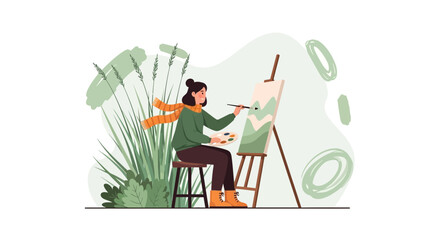 Enthusiastic woman creating landscape painting outdoors on canvas stand