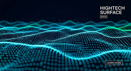 Abstract futuristic high-tech surface with glowing cyber particles. Digital data wave landscape on a dark blue background.