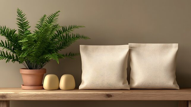 Minimalist 3D rendered blank canvas bag mockup with fern plant and oval soaps on beige background, e-commerce product template.