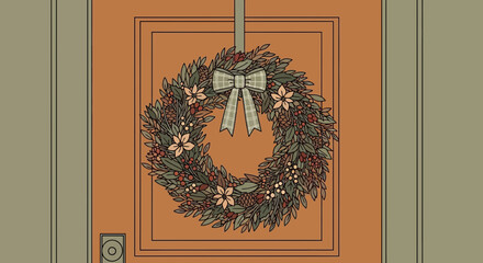 Festive wreath adorning an earthy-toned door for autumnal and seasonal greetings