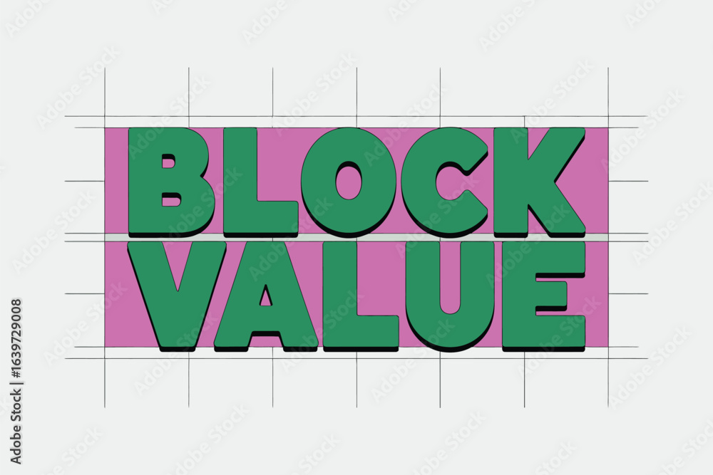 Aufkleber block value text in green on a pink background with a grid pattern overlaying the entire image