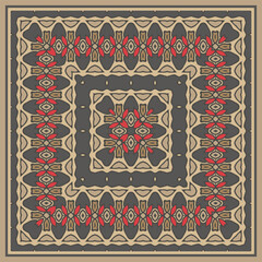 Creative  seamless patternin brown red beige in oriental style. Square ornament for scarves, pillows, for printing on fabric or paper. Frame. Ribbons.