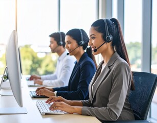 Smiling Call Center Agents Working at Computers

