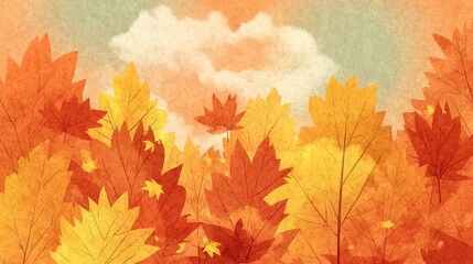  Painting of an autumn forest in yellow and orange tones, illustration style, perfect for covers, banners, pages, advertisements