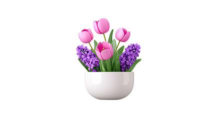 Pink tulips and purple hyacinths in a white bowl