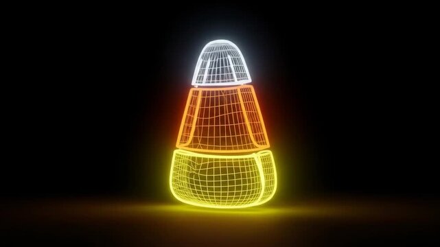 Glowing Candy Corn Wireframe Animation - A three-segment candy corn shape is depicted as a wireframe model, glowing with bright white, orange, and yellow light against a black background.