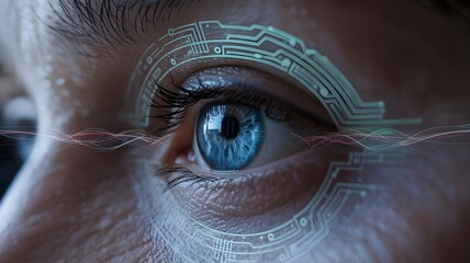 Blue eye with futuristic digital interface and light waves blue iris pupil