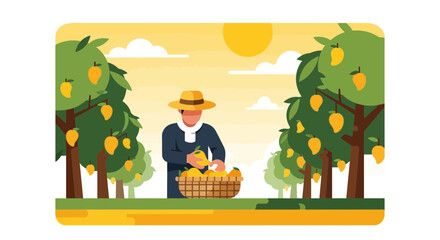 Mango orchard harvest season with farmer and full basket of fresh fruit