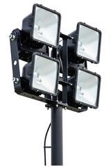 Four square black industrial floodlights on a metal pole isolated on a transparent background