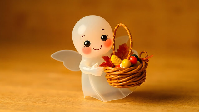 Smiling Baby Ghost Holding a Pumpkin Basket