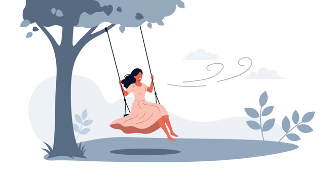 Serene moment of woman enjoying tranquility on swing under a large tree - Powered by Adobe