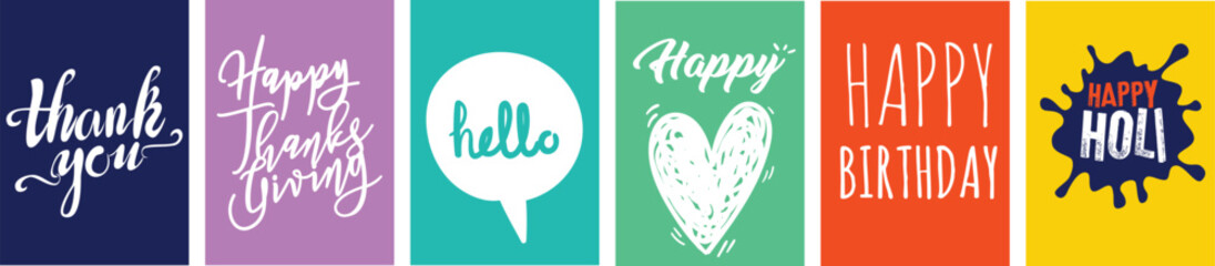 Happy message texts banner vector bundle set featuring cheerful typography designs and colorful decorative elements for positive greetings.