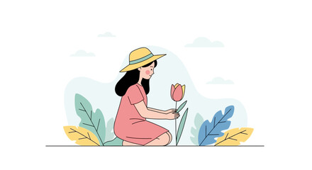 Stylized illustration showcasing a woman lovingly tending to a tulip flower