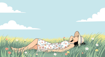 Dreamy afternoon: A young woman relaxing on a meadow under the summer sky