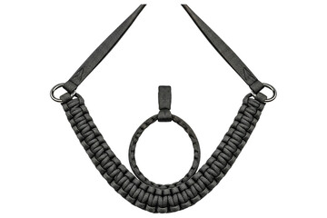 Black paracord horse halter with braided design and rings isolated on a transparent background