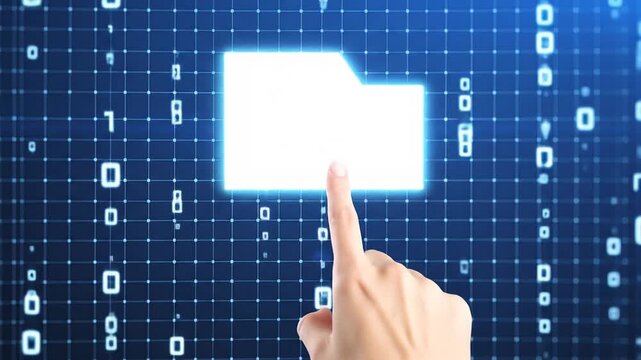Abstract digital interface with binary code background and human hand selecting folder