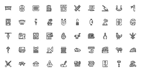 Butcher icon set. Meat shop vector collection. Includes symbols for cutting board, sausage, knife, refrigerator, scale, apron, meat grinder, ribs, cow, pig and more. Editable stroke.
