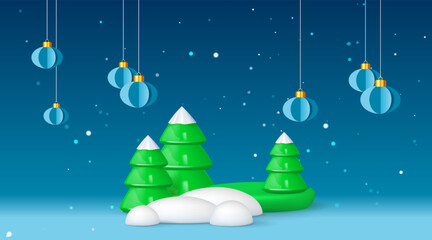 Frozen forest with 3D cartoon trees, snow drifts, snowflakes and paper ornaments