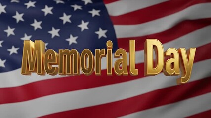 Golden memorial day text waving over animated american flag background celebration.