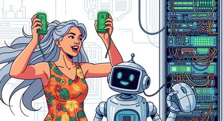 Woman and Robot Troubleshooting Data Server Rack with Diagnostic Tools