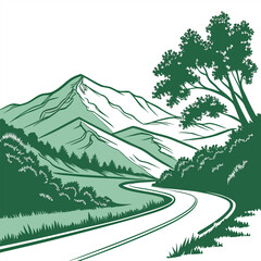Fototapeta premium A winding road cutting through tall green mountains under a bright blue sky with fluffy white clouds