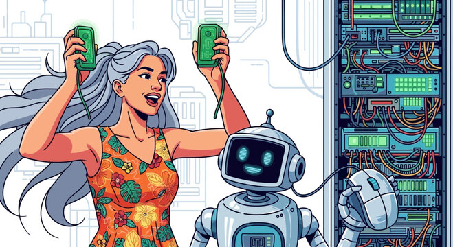 Woman and Robot Troubleshooting Data Server Rack with Diagnostic Tools