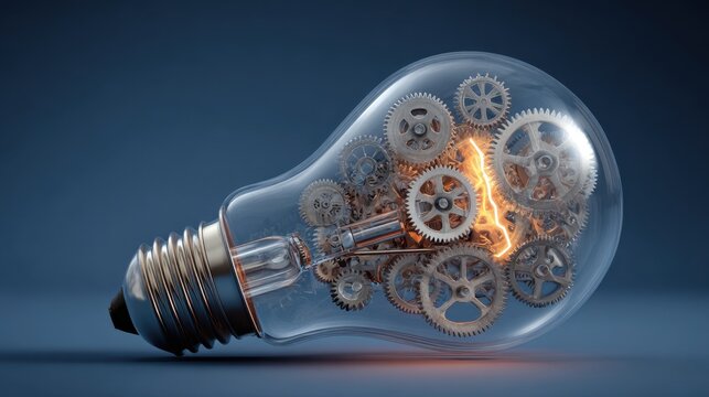 Intricate clockwork gears ignite within a transparent lightbulb, symbolizing innovative ideas and the complex process of invention and creation, set against a dark blue background.