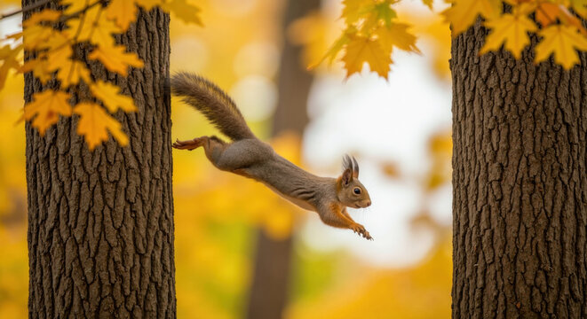 Red squirrel jumping between autumn tree trunks with golden yellow foliage background. Forest mammal for wildlife and seasonal nature themes - Powered by Adobe