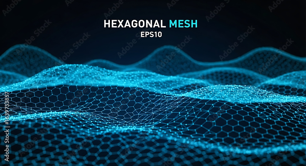 Wall mural futuristic technology background with a glowing blue hexagonal mesh forming a digital wave landscape