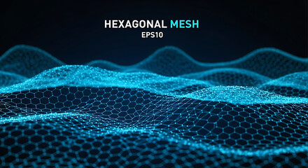 Futuristic technology background with a glowing blue hexagonal mesh forming a digital wave landscape. Abstract data visualization concept.