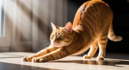 Orange tabby cat stretching on wooden floor in sunlight near white kitchen cabinet. Domestic pet for home lifestyle and animal behavior themes