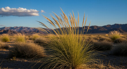 Spiky desert grass growing in arid landscape with mountains background. Hardy vegetation adapted to drought conditions in southwestern wilderness