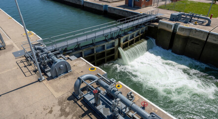 Water treatment facility with concrete spillway and blue lake during industrial processing. Infrastructure for environmental management and water quality themes